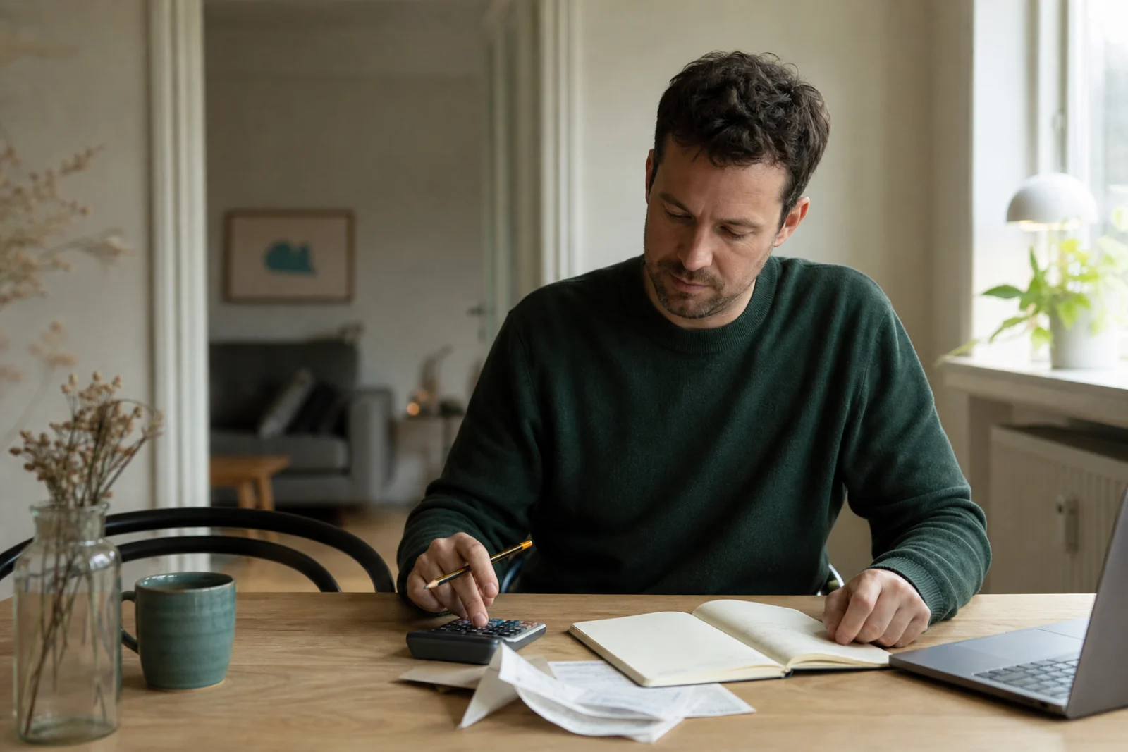Person der gennemgår et budget med notesbog, blyant og lommeregner ved et lyst træbord